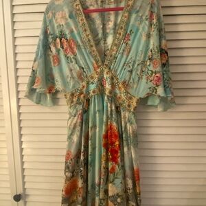 Floral V-Neck Dress in Blue and Pink